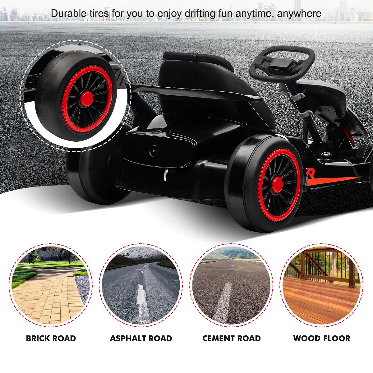 24V Drift Kart with 2X150W Strong Motor, 7AH Big Battery, Electric Pedals, Electric Go Kart Outdoor Race Toy