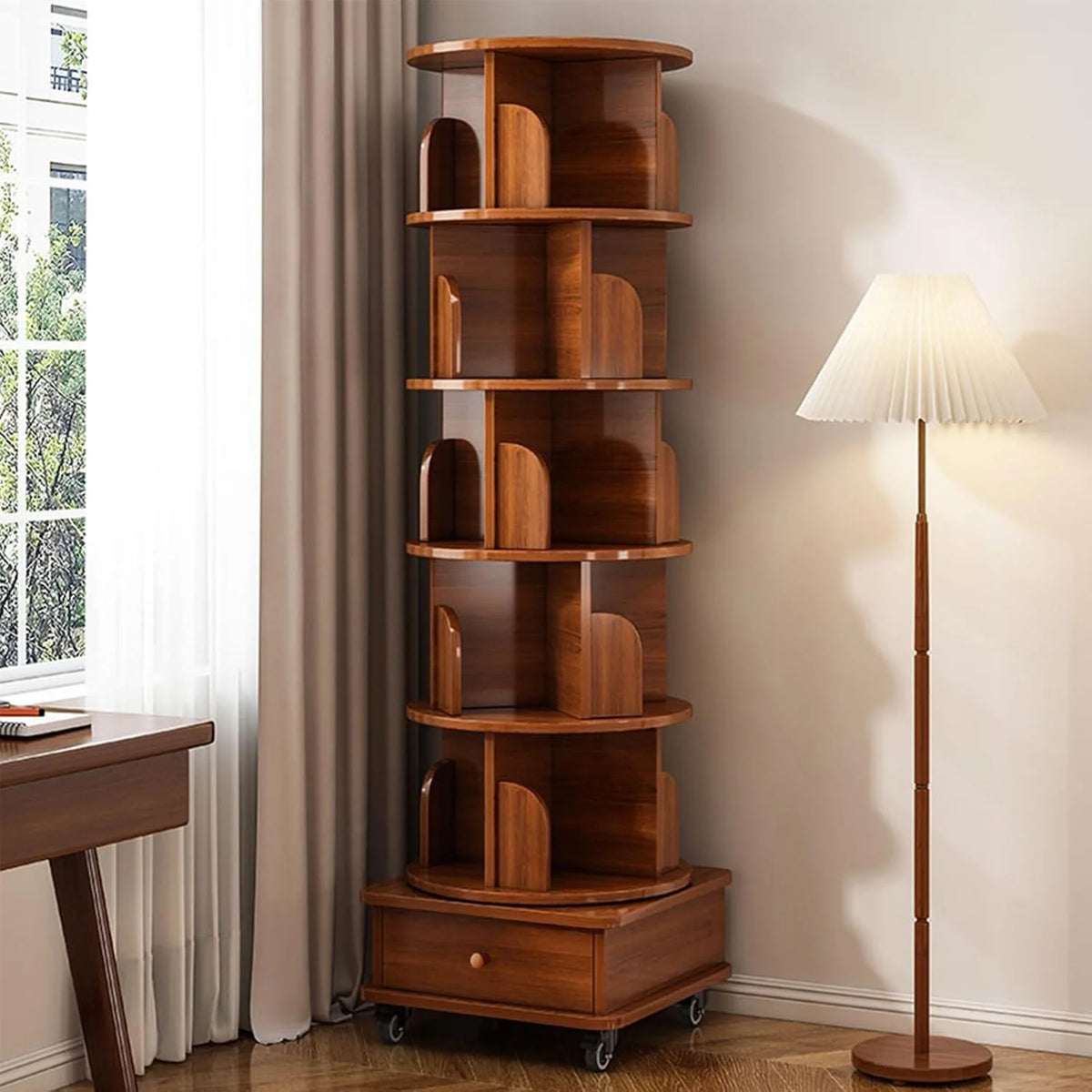 Qiushi 6-Tier Round Rotating Bookshelf with Storage Drawer, 360 Spinning Corner Bookshelf Tower for Small Space, Bookcase Storage Rack with Wheels, Wood Narrow Organizer for Bedroom, Living Room