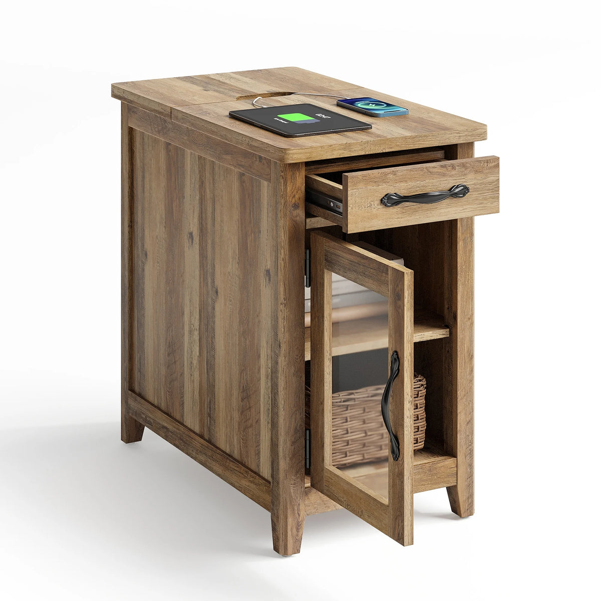 LINSY HOME End Tables for Living Room with Charging Station, Nightstand for Bedroom with Drawer and Detachable Holder,Washed Grey & Brown
