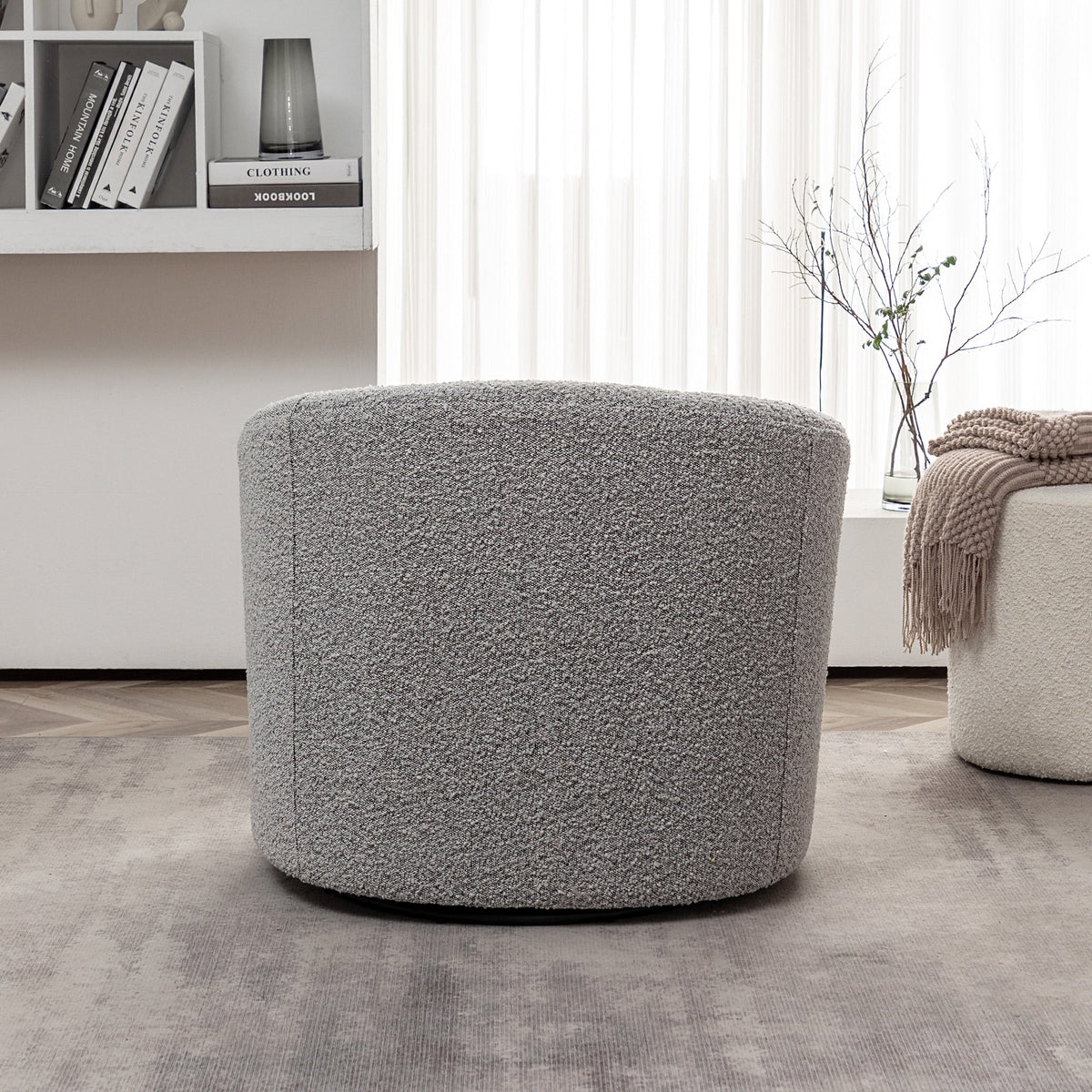 34" W Mid Century Modern Swivel Barrel Chair, Round Upholstered Boucle Swivel Accent Chairs, No Assembly Sofa Chair for Living Room Bedroom Reading Apartment Lounge Nursery(Cream)