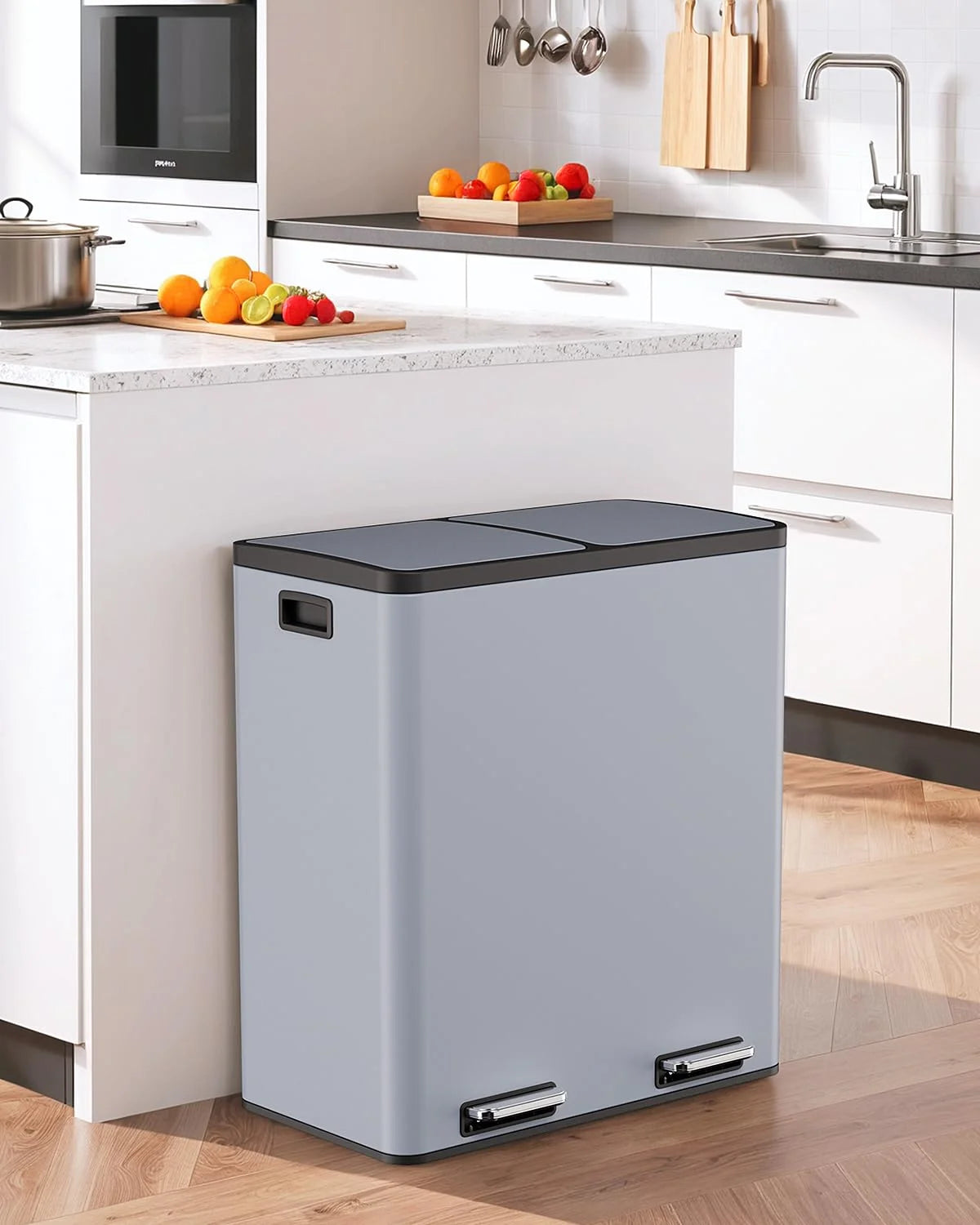 LAZY BUDDY Dual Garbage Can, Stainless Steel 16 Gallon Step Kitchen Trash Can with Soft-Close Lid, Double Compartment Garbage Recycling Bin