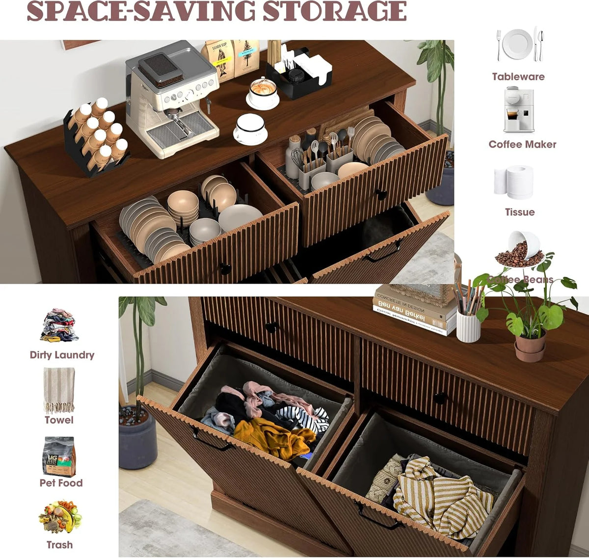 Haverchair Double Tilt Out Laundry Hamper Cabinet, Modern Fluted Trash Can Cabinets with Drawer, Wooden Hidden Garbage Cabinet for Kitchen and Bathroom