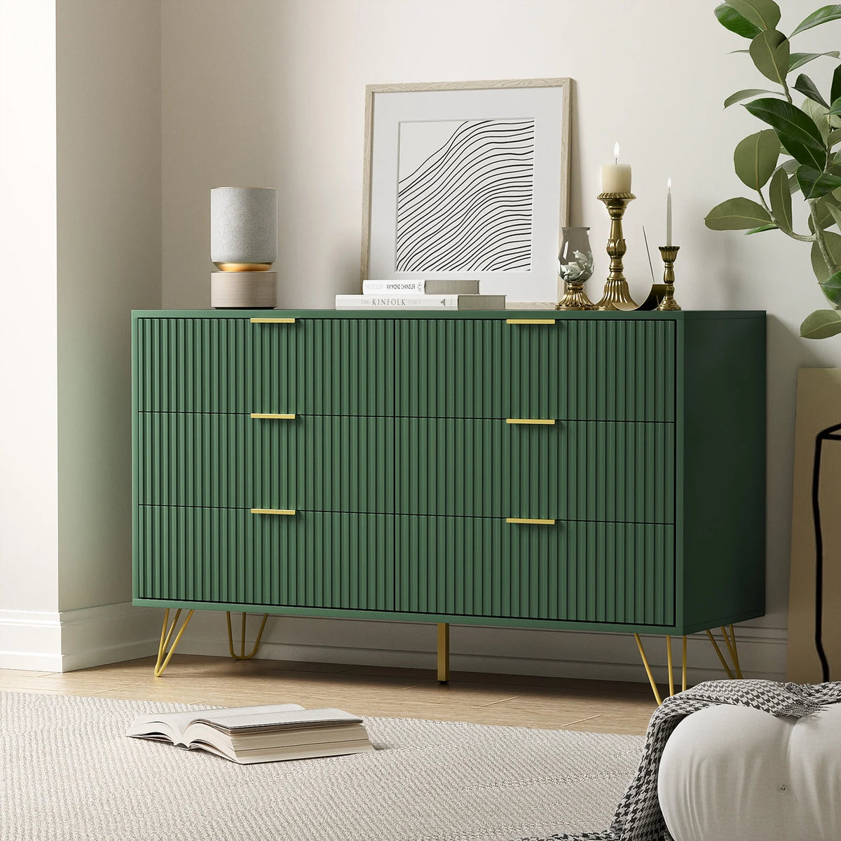FURNIWAY White 6 Drawer Dresser for Bedroom, Modern Dresser with Gold Metal Handles,Fluted Wood TV Stand for Living Room, Hallway