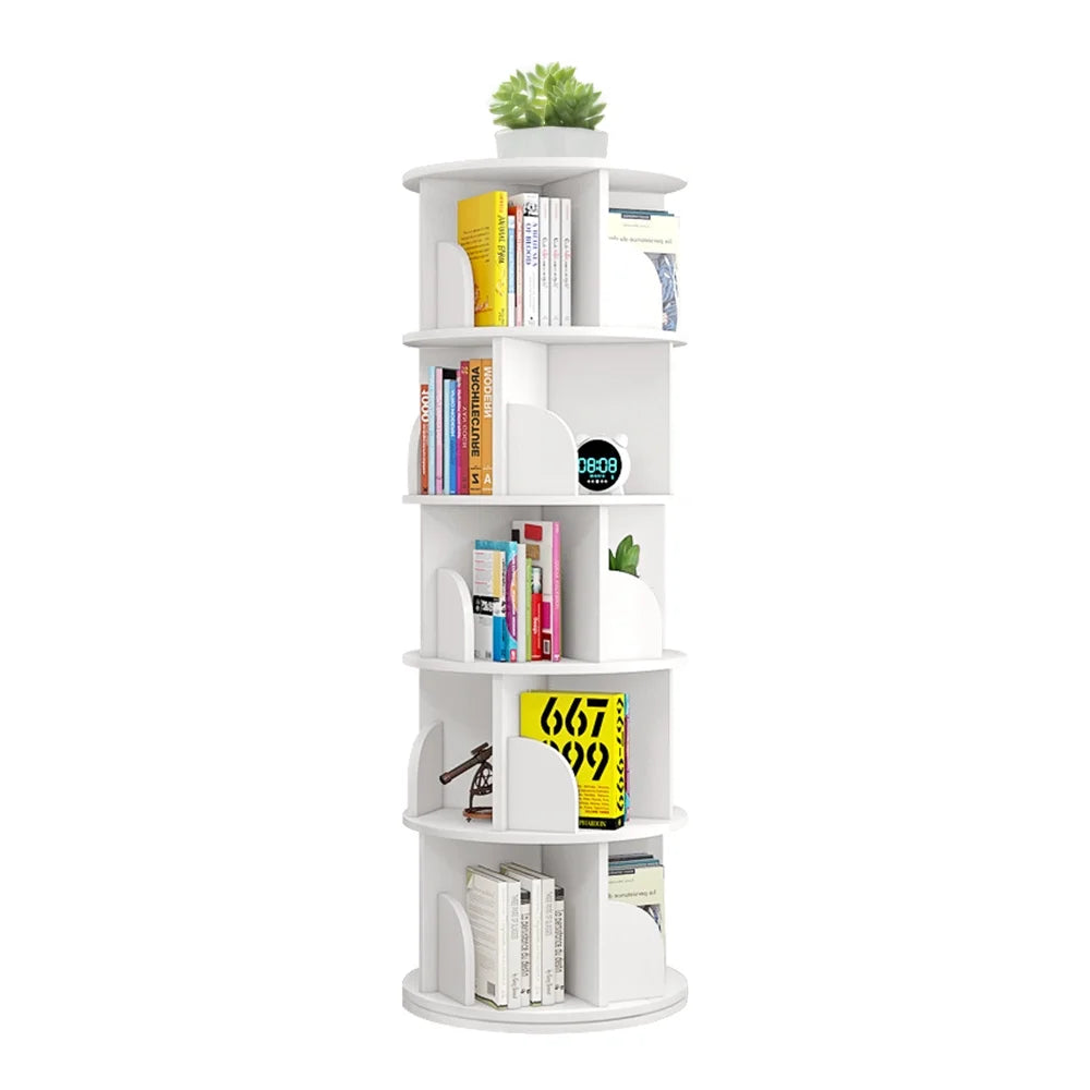 Bimiti 5 Tier Rotating Bookshelf, 360?�� Revolving Bookcase 20 Shelves Floor-Standing Storage Display Rack - White 63"x18"x18", Adult