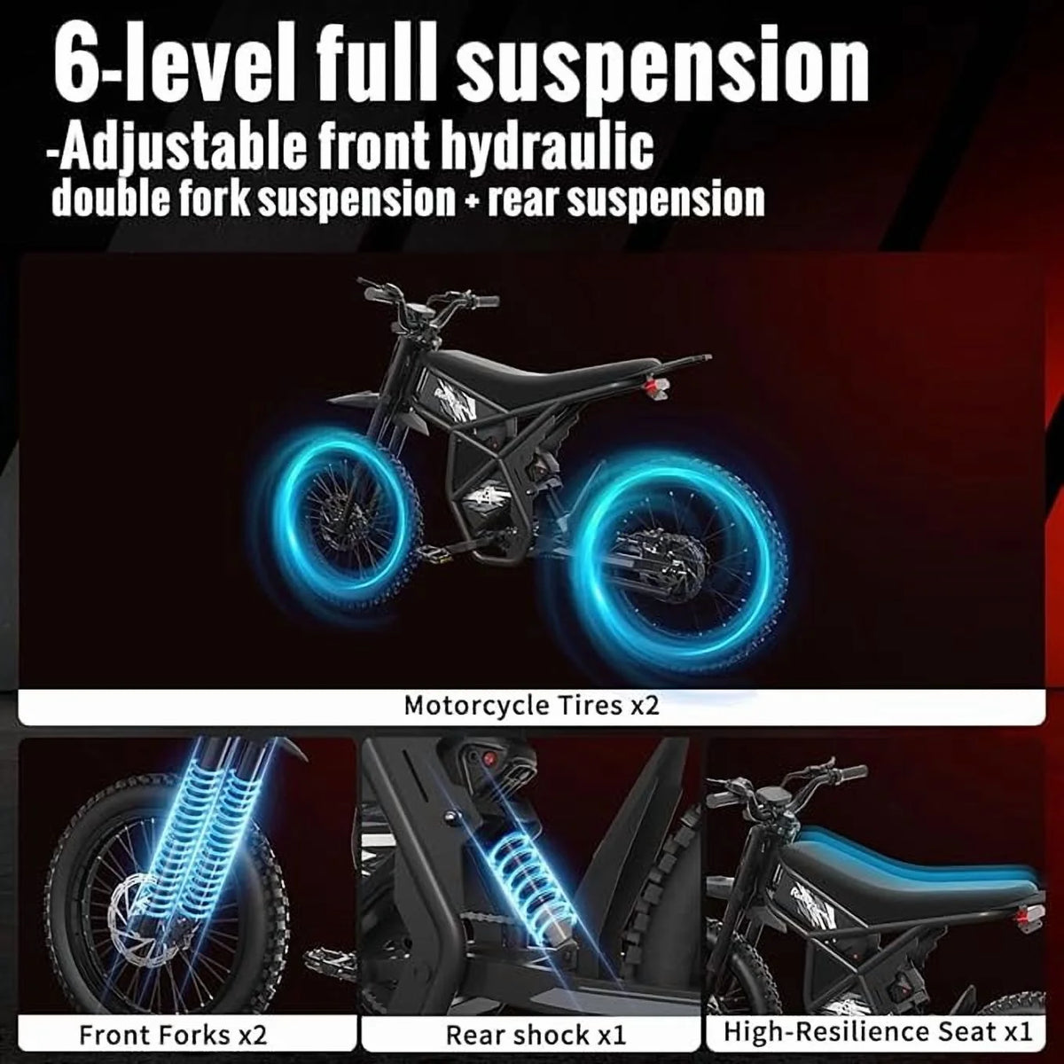 Riding'Times 2400W 48V Electric Dirt Bike for Adults Ridingtimes GT73,brushless Hub Motor,18.2AH*2 Electric BIKE with 25" tires digital screen Carbon Steel,BLACK