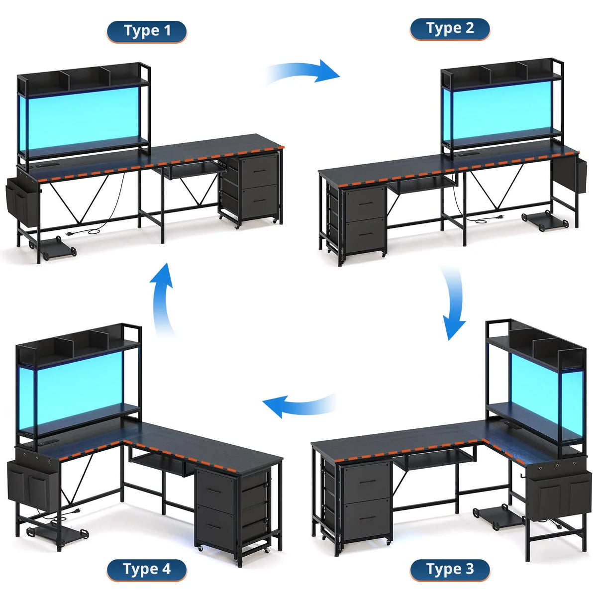 L Shaped Computer Desk with Power Outlet and LED Strip, Reversible Corner Gaming Desk with 2 Drawer and Keyboard Tray, Black