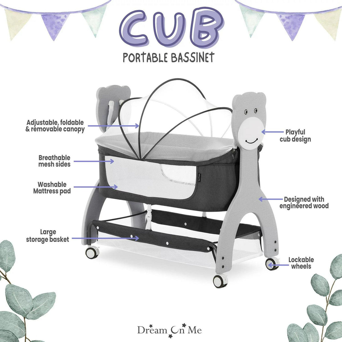 Dream on Me Cub Portable Bassinet in Dark Grey. Multi-Use Baby Bassinet with Locking Wheels
