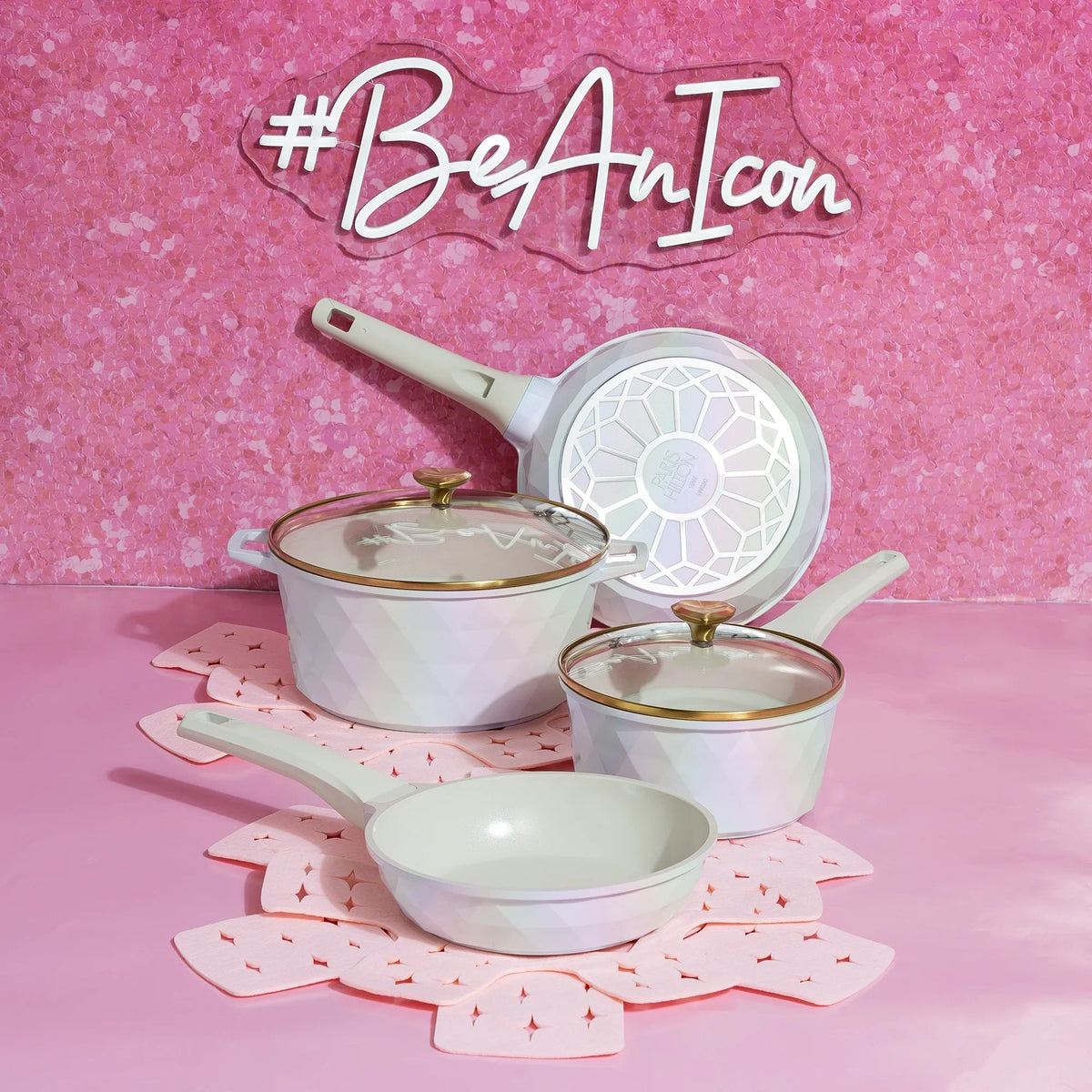 Paris Hilton 10-Piece Ceramic Nonstick Cast Aluminum Cookware Set, Clean Ceramic? Coating, Faceted Pink Design
