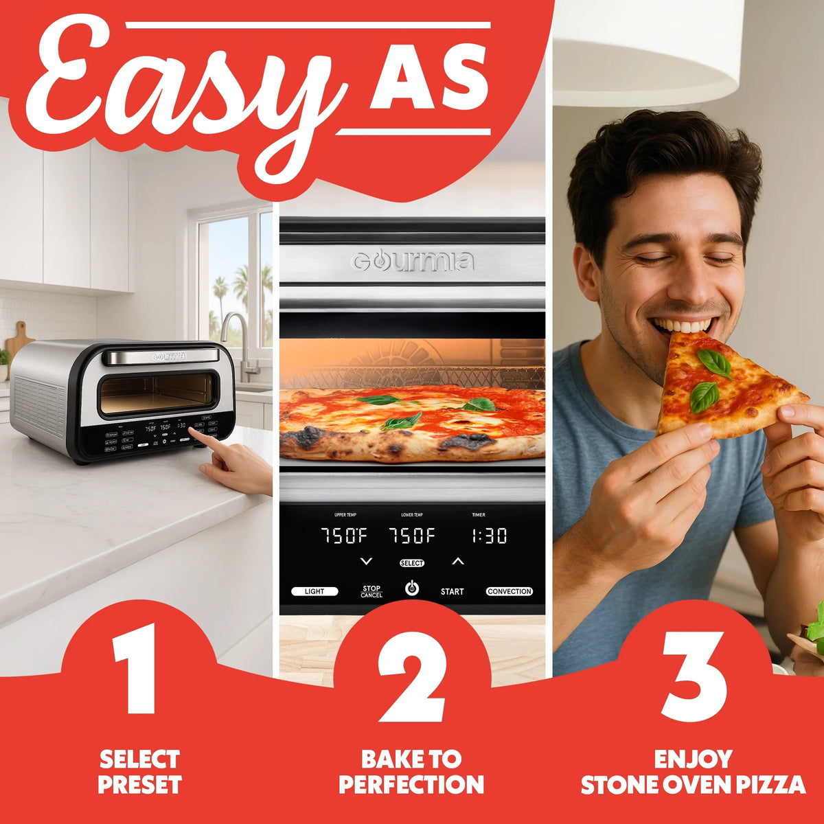 Gourmia Indoor Pizza Oven - All-in-One with 7 Cooking Functions, 6 Pizza Presets, Stainless Steel