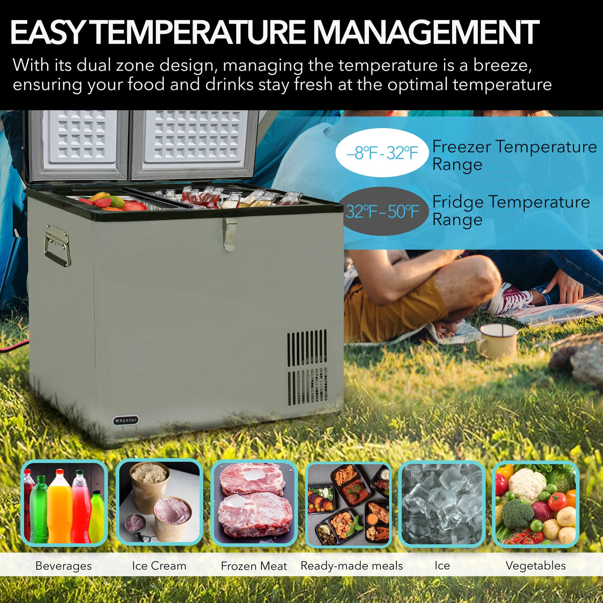 Whynter 90 Quart Dual Zone Portable Fridge/Freezer with 12v Option and Wheels