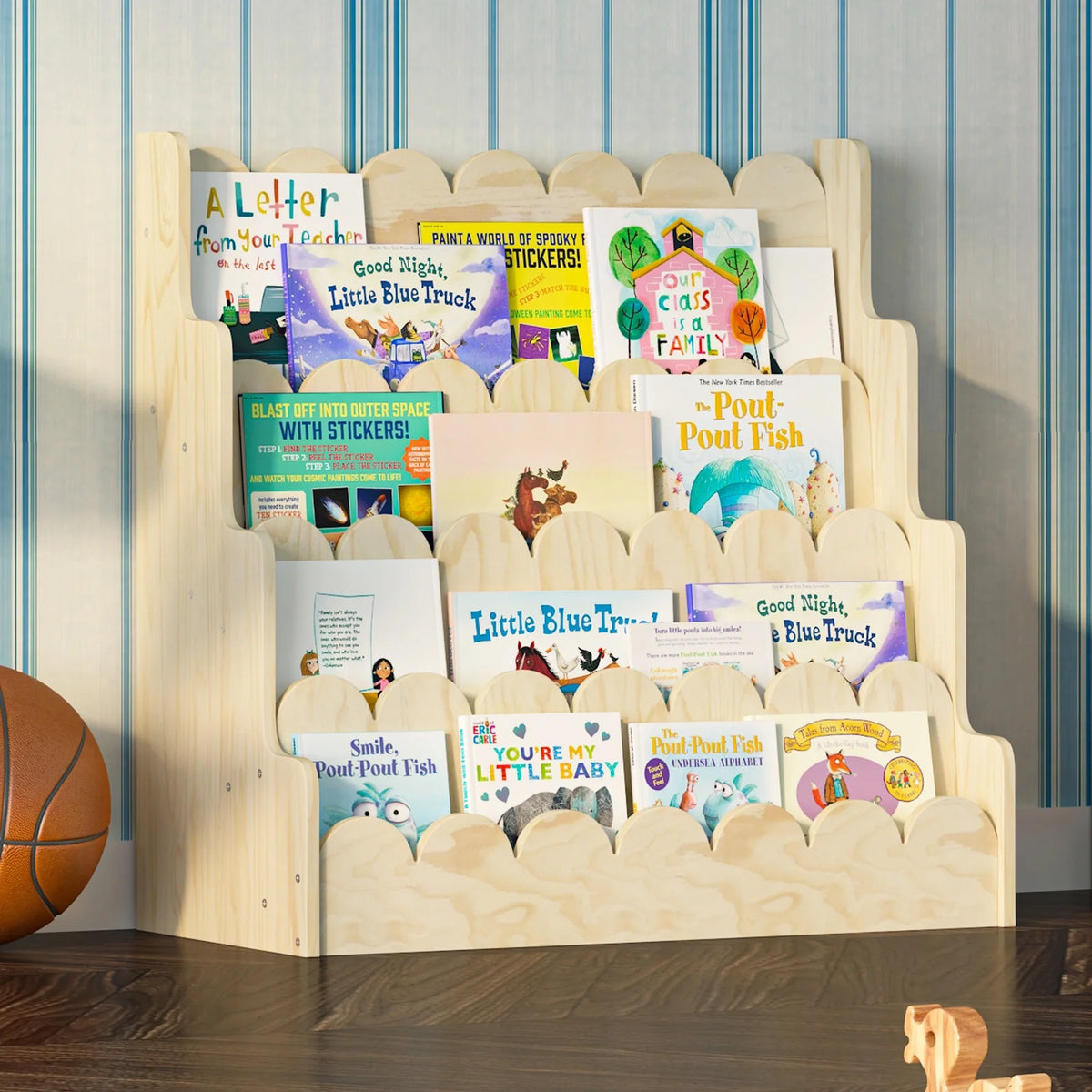 Montessori Wood Kids Bookshelf - Scalloped 4-Tier Front-Facing Book Display, Nursery Organizer for Toddler/Baby Books & Toys, Gender-Neutral Classroom Playroom Storage