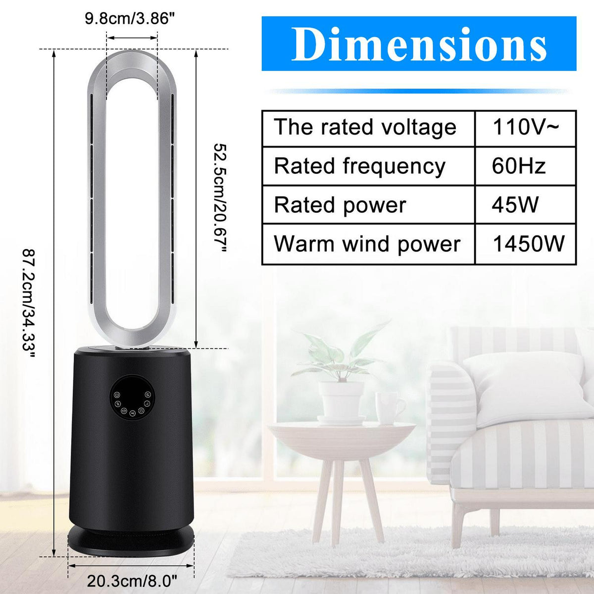 35″ Space Heater Bladeless Tower Fan. Heater & Cooling Fan with Remote Control.Black