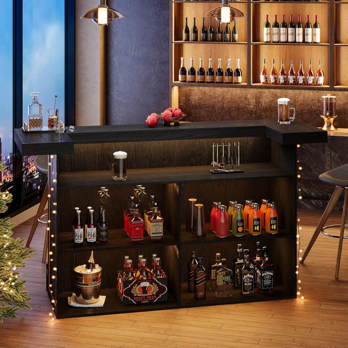 Tribesigns 4-Tier Bar Table, 70.9-Inch Large Home Bar Cabinet with Wine Glass Holder and Black Footrest, for Kitchen, Dining Room, Living Room, Pub, Rustic Brown