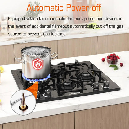 24 Inch Black Gas Cooktop - Built-in Dual Fuel Natural Gas & Propane Stove - 4 Burner Convertible Cooktop with Thermocouple Protection