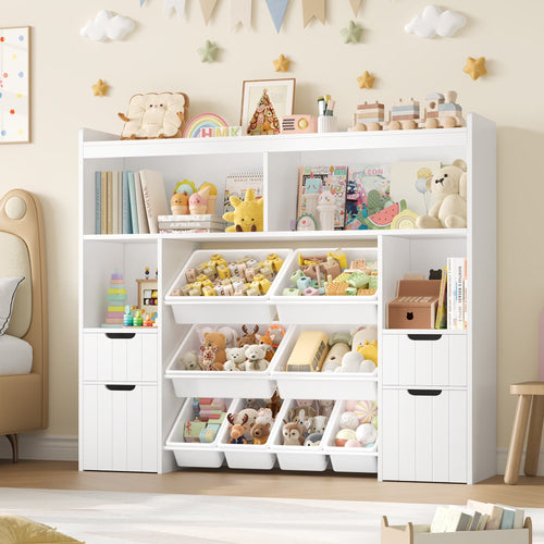 Homfa Kids Toy Storage Organizer with Removable Bin, Kids Bookshelf and Bookcase Toy Box with Drawers for Playroom, Classroom, White