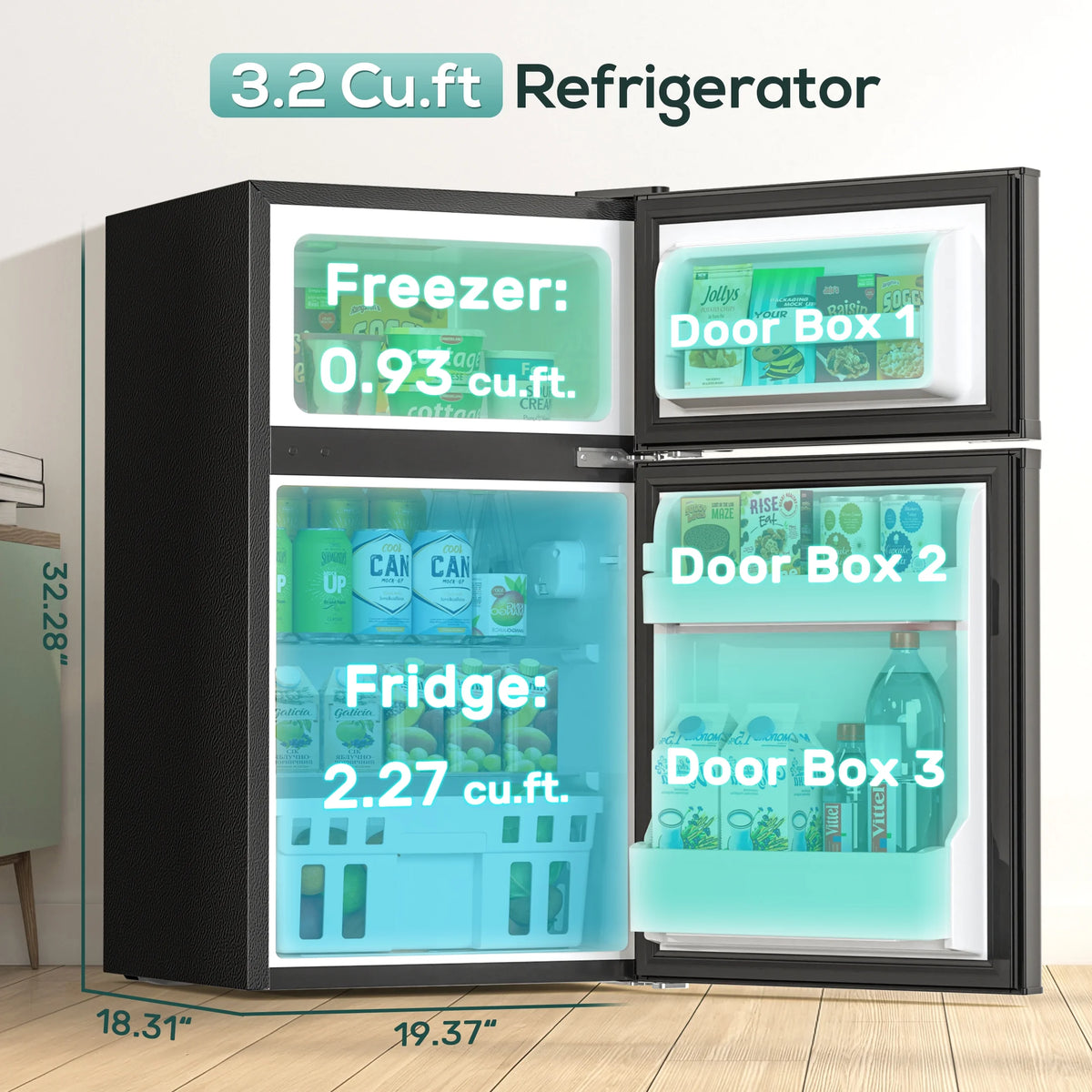 Auseo 3.1 Cu.Ft Double Door Mini Fridge with Freezer, Compact Retro Refrigerator for Dorm, Office, Bar, Bedroom, Black