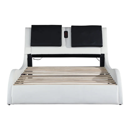 OYang King Size Platform Bed Frame wth LED Light And USB Charging Ports Headboard, Wave-Like Curve Backrest Vibration Massage Upholstered Faux Leather Bed for Home