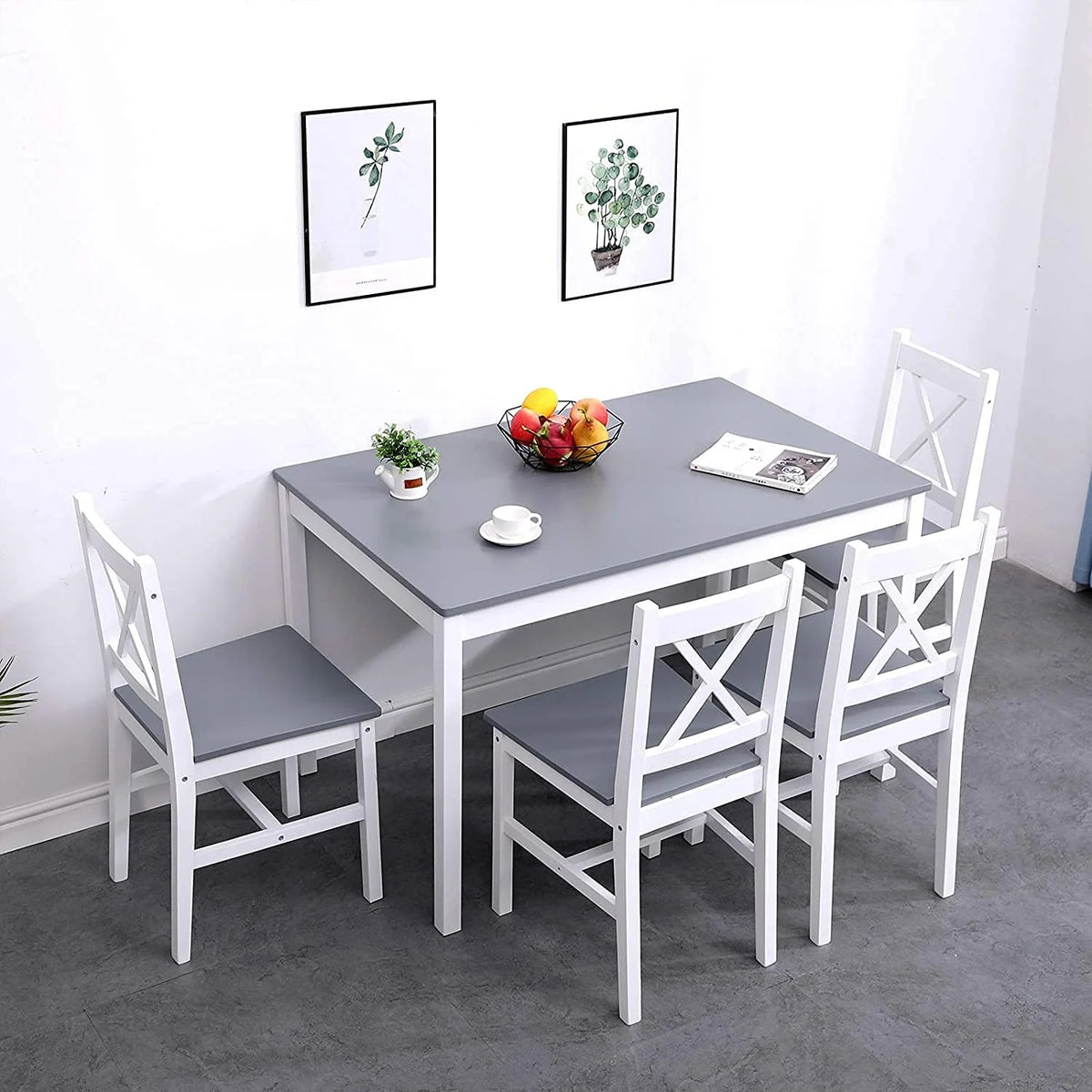 Soges 5 Pieces Dining Table Set, Pine Wood Kitchen Dining Table with 4 Chairs, Wood Rectangular kitchen table and chairs for 4, Small Dining Set for Bar Dining Room Breakfast Nook, White and Gray