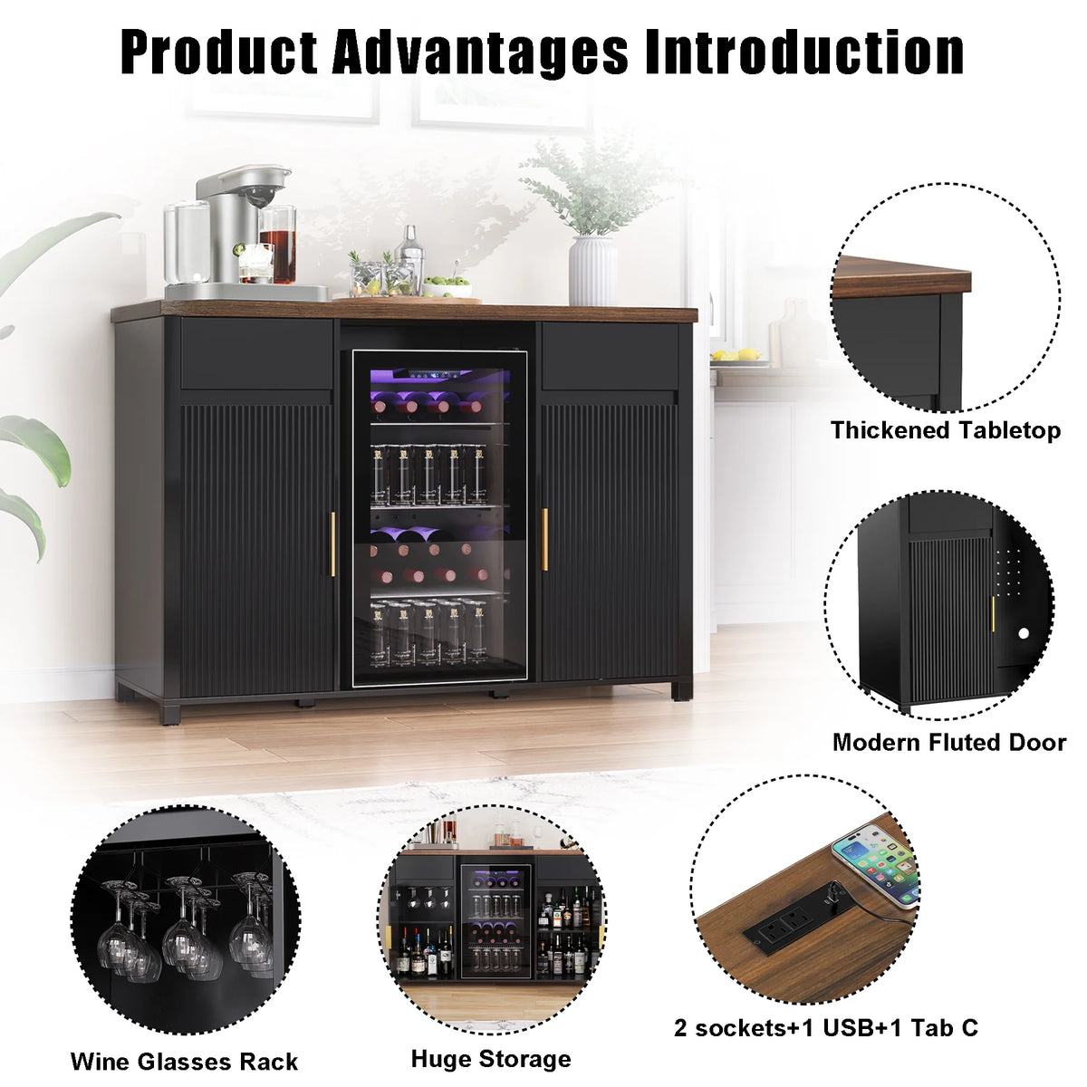 Coffee Bar Cabinet with Fridge Space, Mini Fridge Cabinet��Buffet Sideboard��53.2"L