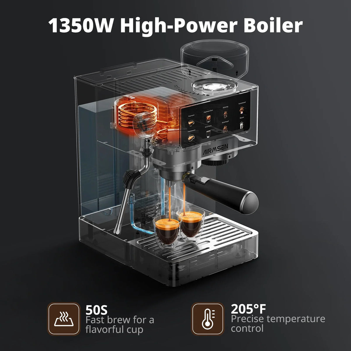 AIRMSEN Espresso Machine with Grinder, Espresso Coffee Machine with Customized Grind Amount & Coffee Volume, Cold Brew Coffee Maker for Cappuccino Latte Americano, Brushed Stainless Steel