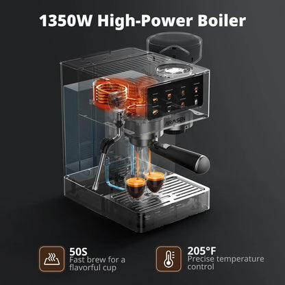 AIRMSEN Espresso Machine with Grinder, Espresso Coffee Machine with Customized Grind Amount & Coffee Volume, Cold Brew Coffee Maker for Cappuccino Latte Americano, Brushed Stainless Steel