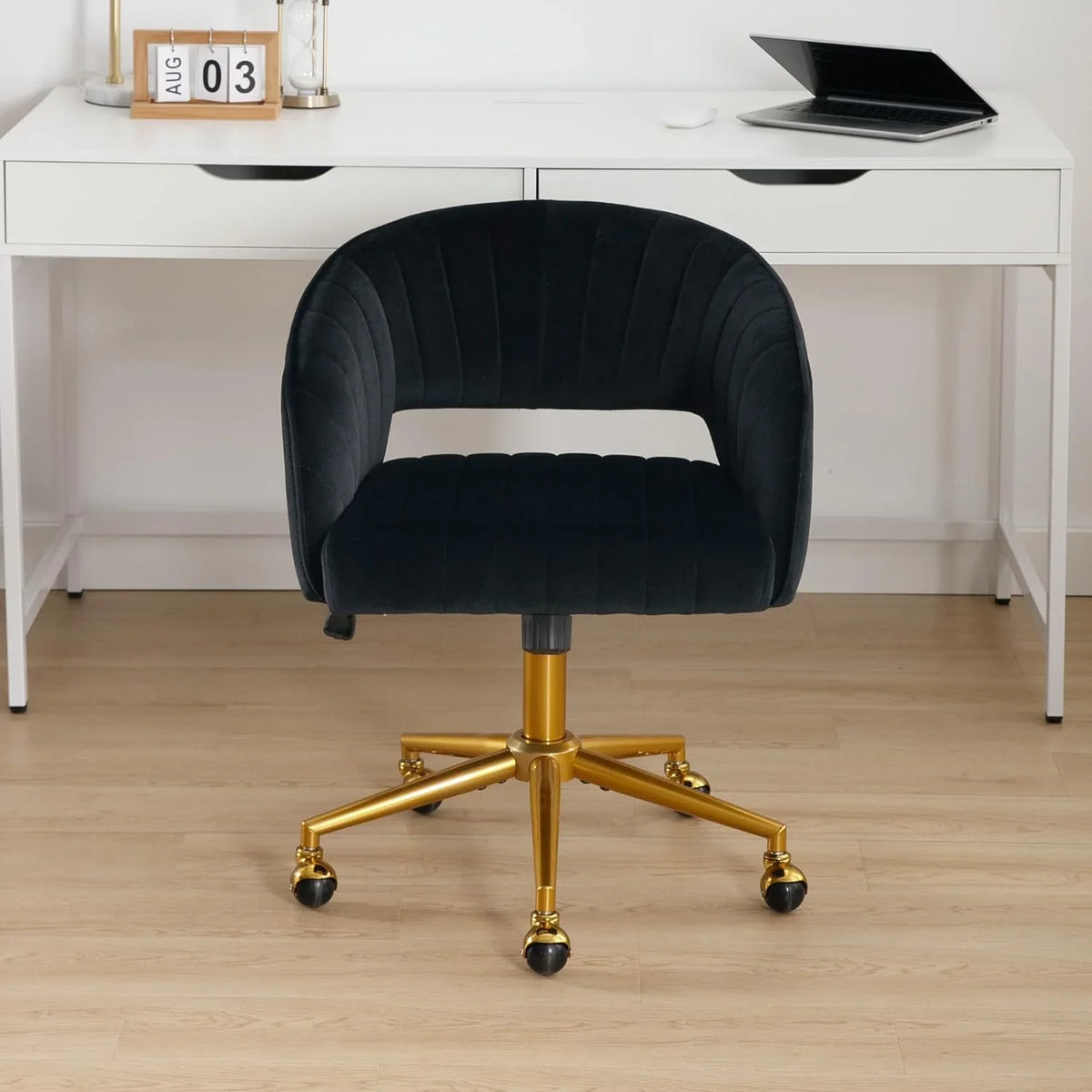 Westice Home Office Desk Chairs, Velvet Task Chair, Height Adjustable Swivel Vanity Chair with Golden Base for Vanity Study, Living Room Computer Room, Beige