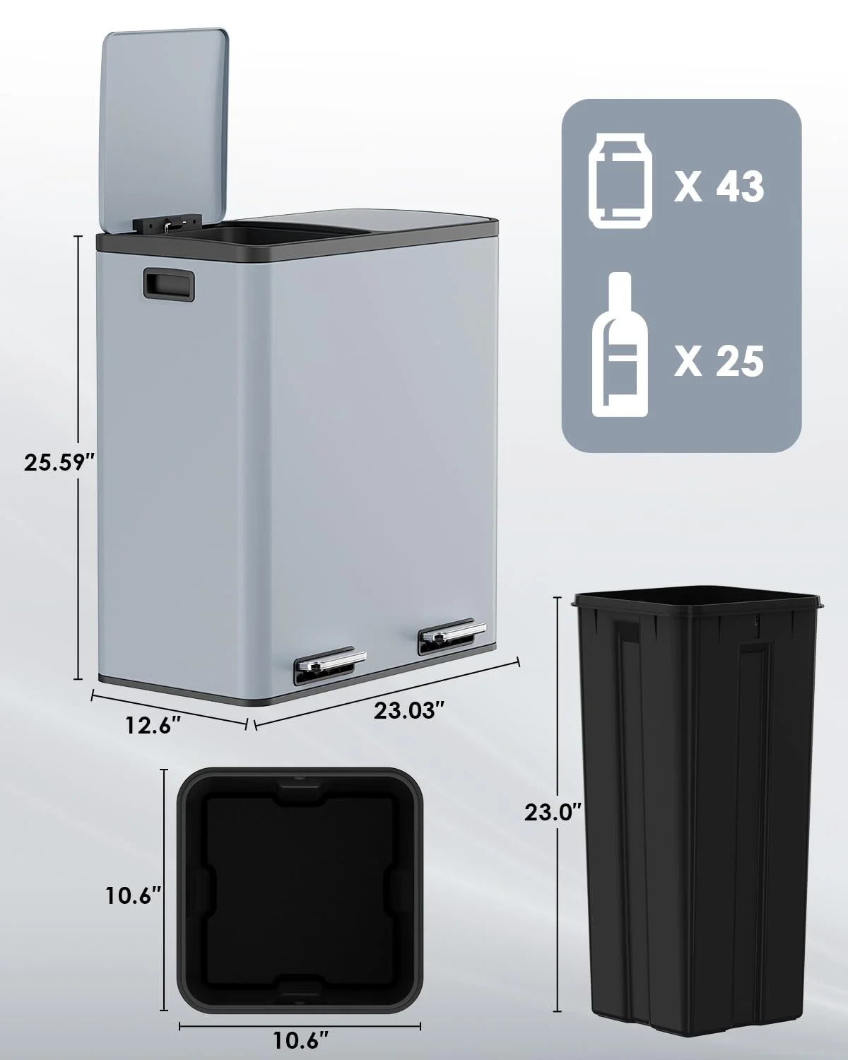 LAZY BUDDY Dual Garbage Can, Stainless Steel 16 Gallon Step Kitchen Trash Can with Soft-Close Lid, Double Compartment Garbage Recycling Bin