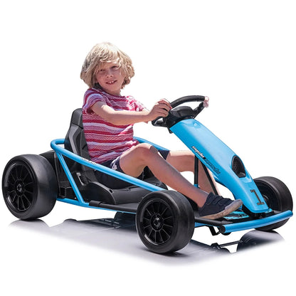 Simzone Go Kart for Kids 24V Battery 300WX2 Motors Pedal On Foot Go Cart 8MPH High Speed Drifting Car with Slow Start Function Music Elastic Durable Tires, Blue