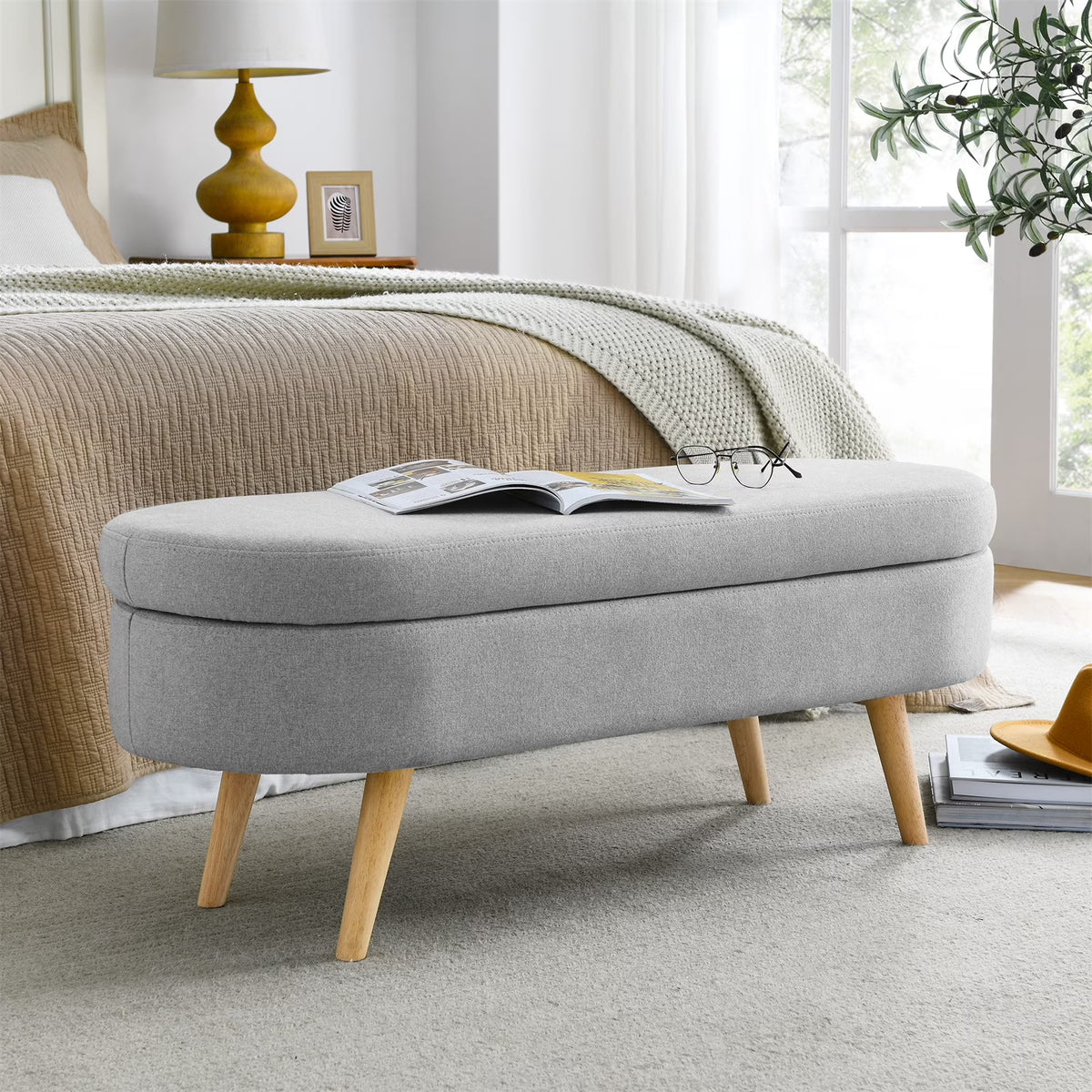 43.5" Oval Storage Ottoman Bench with Solid Wood Legs, Linen Fabric Upholstered Entryway Bench with Safety Hinge, Indoor Bench for End of Bed, Sofa Side, Entryway
