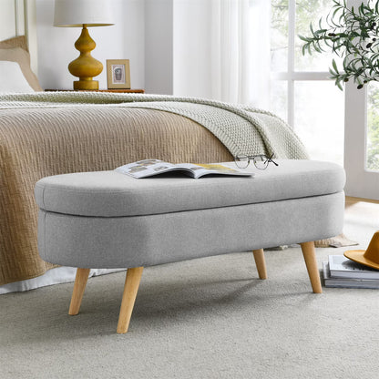 43.5" Oval Storage Ottoman Bench with Solid Wood Legs, Linen Fabric Upholstered Entryway Bench with Safety Hinge, Indoor Bench for End of Bed, Sofa Side, Entryway