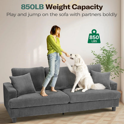 87" Corduroy Sofa,3 Seater Sofa with Extra Deep Seats,Neche Comfy Upholstered Couch for Living Room,2 Pillows,Green