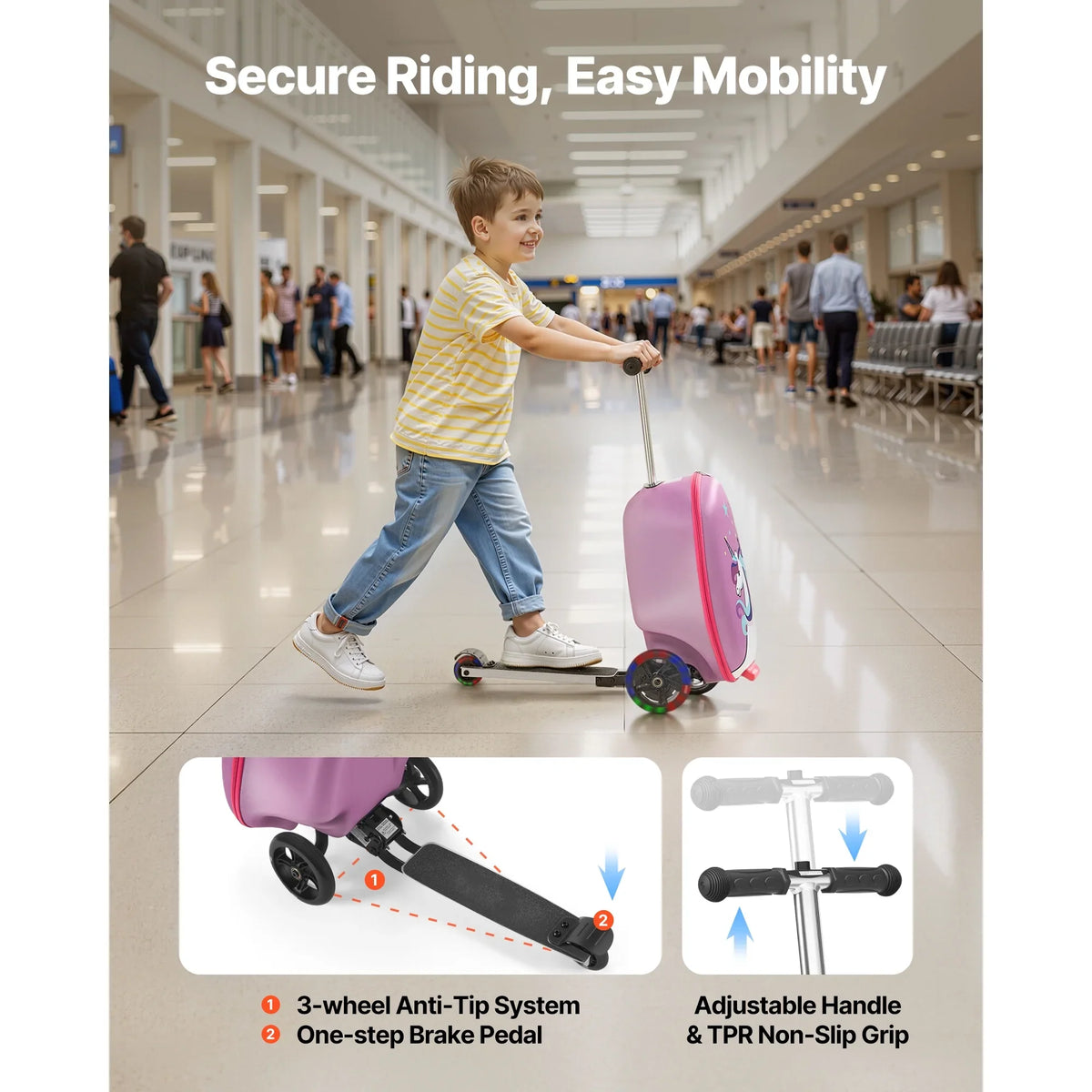 KFFKFF Ride-on Kids Luggage, 20L Capacity, 20-Inch Scooter Suitcase with Flashing PU Wheels, Adjustable Handle & Non-Slip Grip, Foldable and Lightweight Travel Companion for Children Aged 5+, Purple