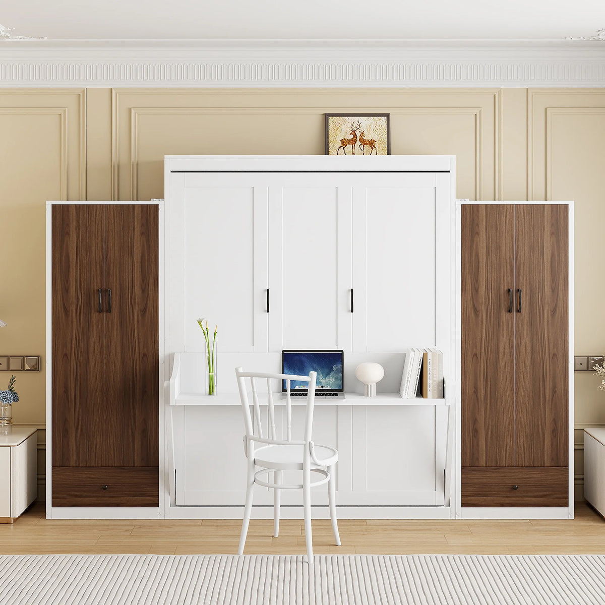 Full Size Murphy Bed Wall Bed with Closet ,Drawers and Table,White