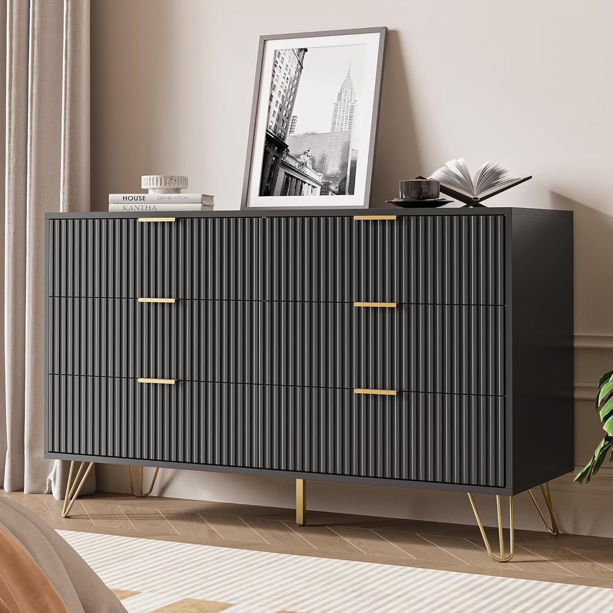 FURNIWAY White 6 Drawer Dresser for Bedroom, Modern Dresser with Gold Metal Handles,Fluted Wood TV Stand for Living Room, Hallway