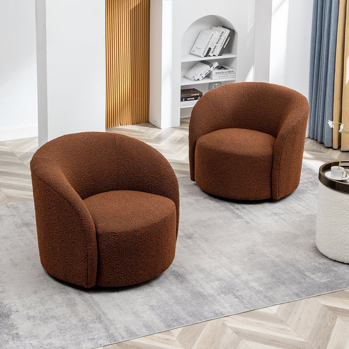34" W Mid Century Modern Swivel Barrel Chair, Round Upholstered Boucle Swivel Accent Chairs, No Assembly Sofa Chair for Living Room Bedroom Reading Apartment Lounge Nursery(Cream)