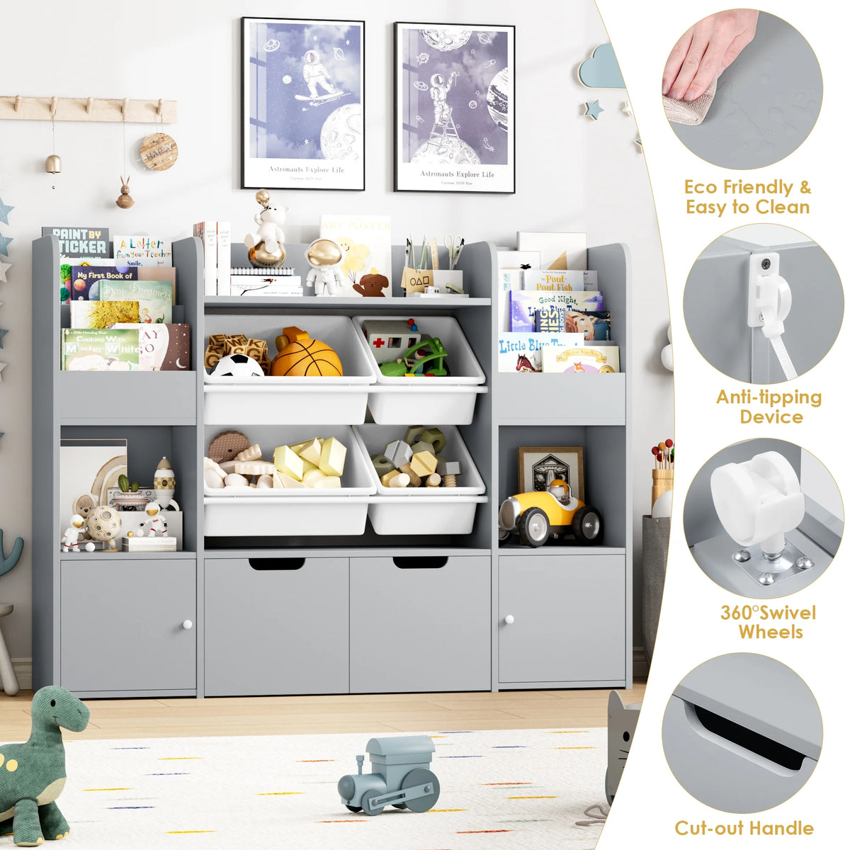Hiphuta Kids Bookcase Toy Storage Organizer, Wooden Toy Organizer of 4 Bins& 2 Removable Drawers for Home Bedroom, Kids Bookshelf Toy Box with Book Rack, White