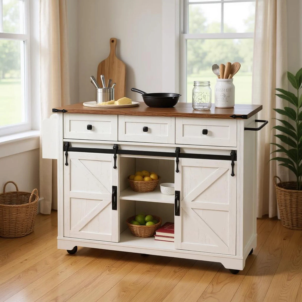 Homy Casa Farmhouse 53.7" Kitchen Island with Storage Cabinet, Sliding Barn Doors, and Wheels, White Oak