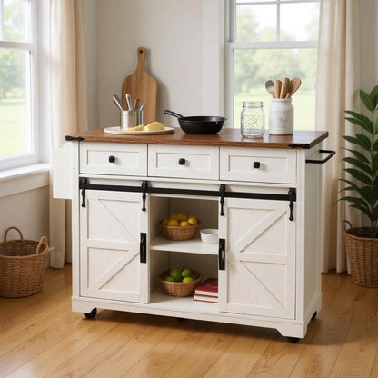 Homy Casa Farmhouse 53.7" Kitchen Island with Storage Cabinet, Sliding Barn Doors, and Wheels, White Oak