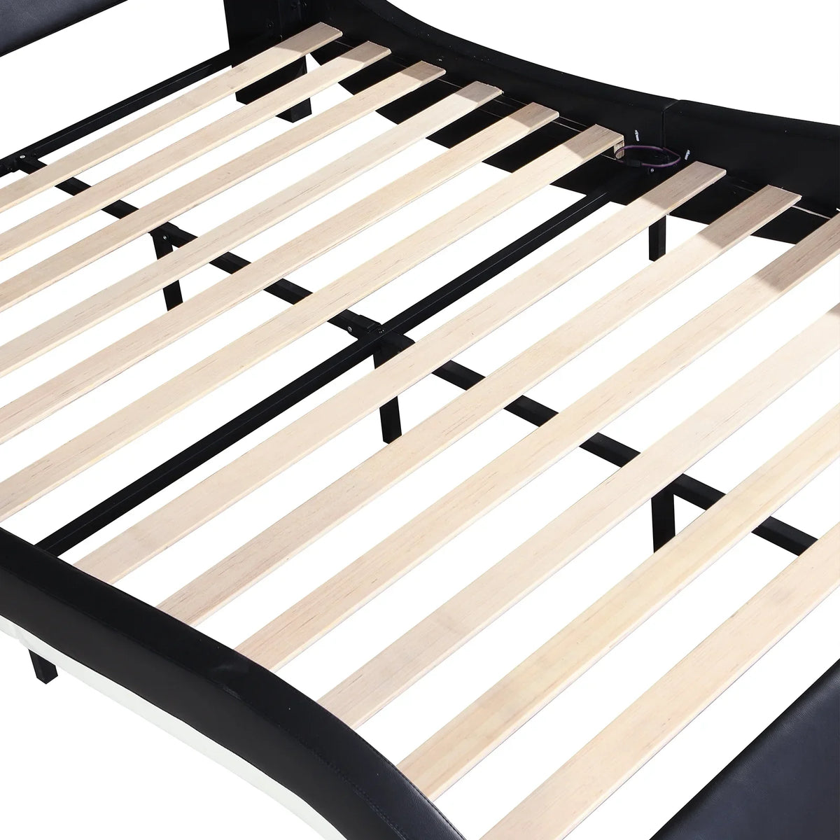 OYang King Size Platform Bed Frame wth LED Light And USB Charging Ports Headboard, Wave-Like Curve Backrest Vibration Massage Upholstered Faux Leather Bed for Home
