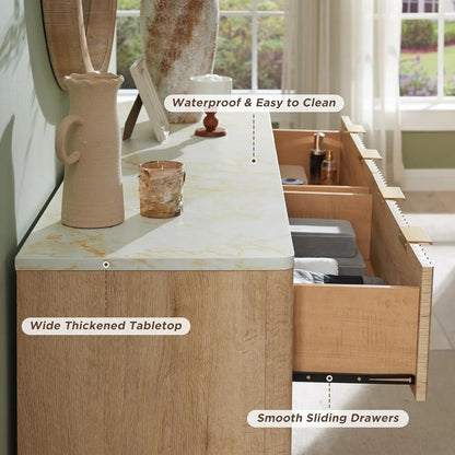 OKD 6 Drawer Dresser for Bedroom with Faux Marble Top, Modern Wood Chest of Drawers, Dresser Organizer, Natural Oak