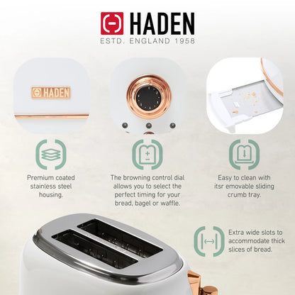 Haden Heritage 1.7 Liter Electric Kettle with 2 Slice Bread Toaster, White