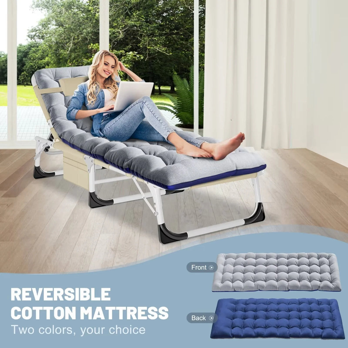 MOPHOTO Lounge Chair with Mattress, Outdoor Chaise Lounge Support 440 Lbs, Adjustable Portable Heavy Duty Sleeping Cots Bed for Camping, Pool, Beach, Patio