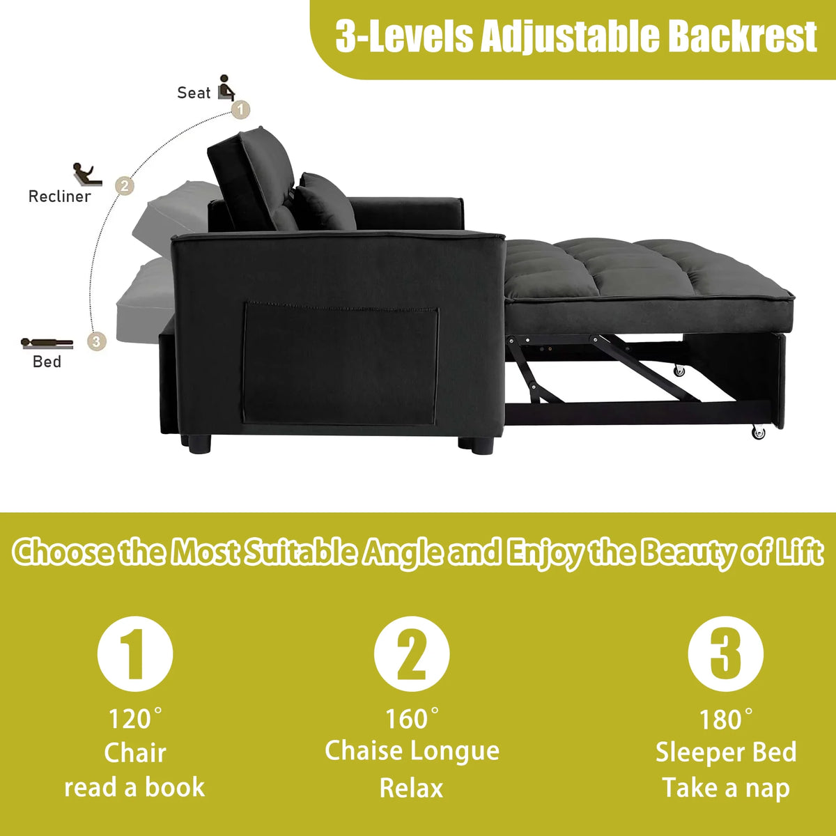 55 Inch Convertible Futon Sofa Bed,Modern Loveseat Sleeper Sofa Couch with Pull-Out Sofa Bed for Living Room,Small Space - Black