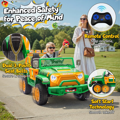 Joyracer 24 Volt Ride on Toys for Big Kids, Licensed Angry Birds Ride on Truck with Remote, 2 Seater 4WD Electric Ride ons with Shovel, Bluetooth, Lights, Power Car Wheels for 3-8, 130lbs, Green