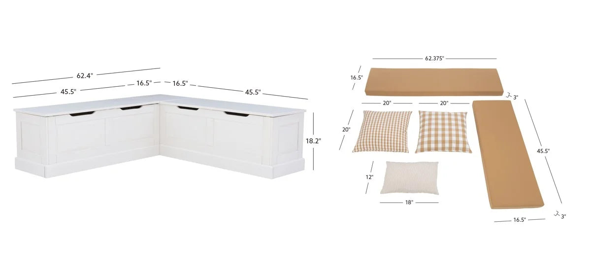 Linon Romero Backless Corner Nook with Storage, 5-Piece Cushion Set, Natural/White/Beige