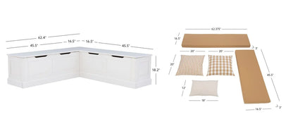 Linon Romero Backless Corner Nook with Storage, 5-Piece Cushion Set, Natural/White/Beige