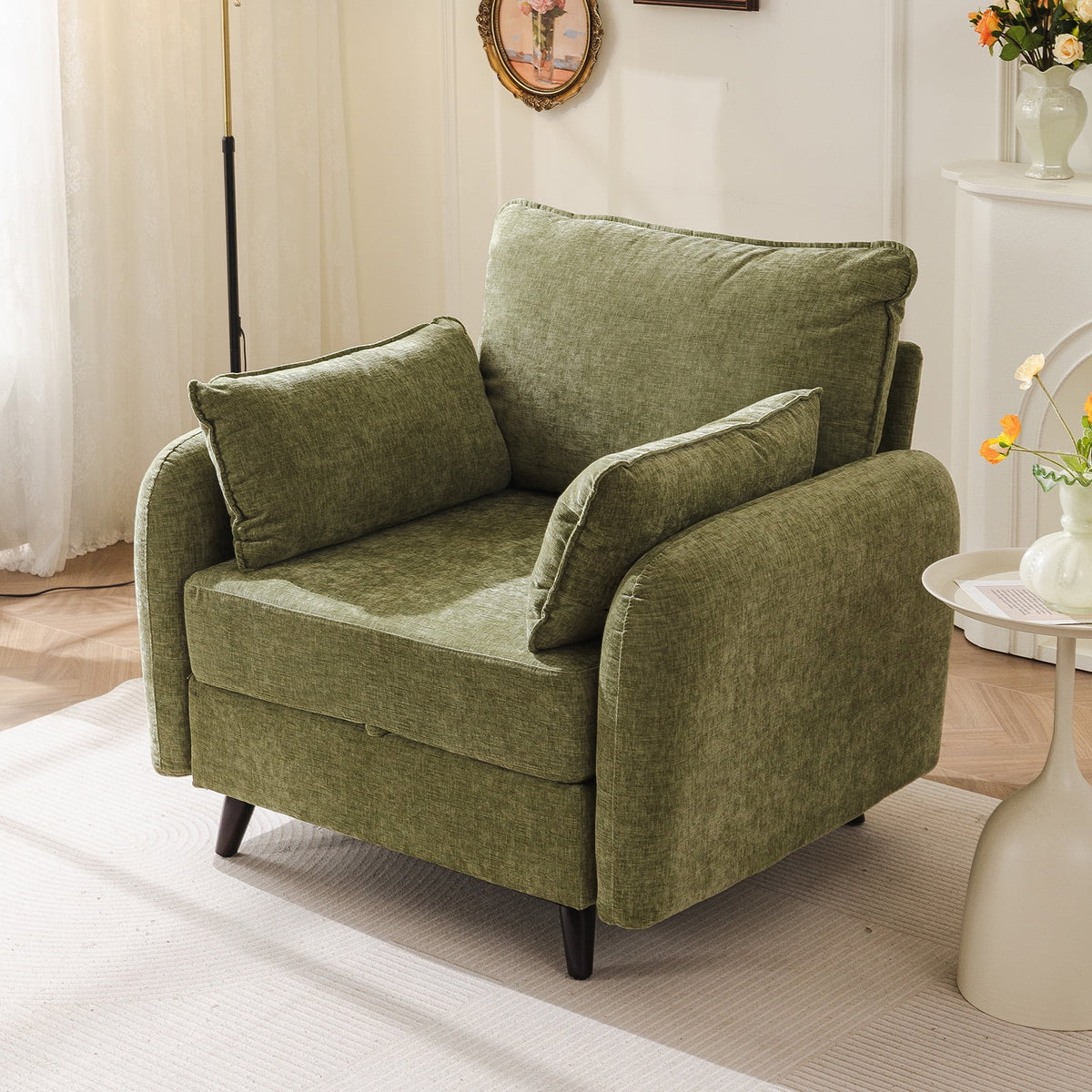 Rexulqo Oversized Accent Chair with All Seats Storage,Comfy Living Room Chairs with 2 Throw Pillow,Upholstered Mid-Century Armchair,24.5'' Deep Seat,Reading Chair For Bedroom ,Office,Chenille,Green