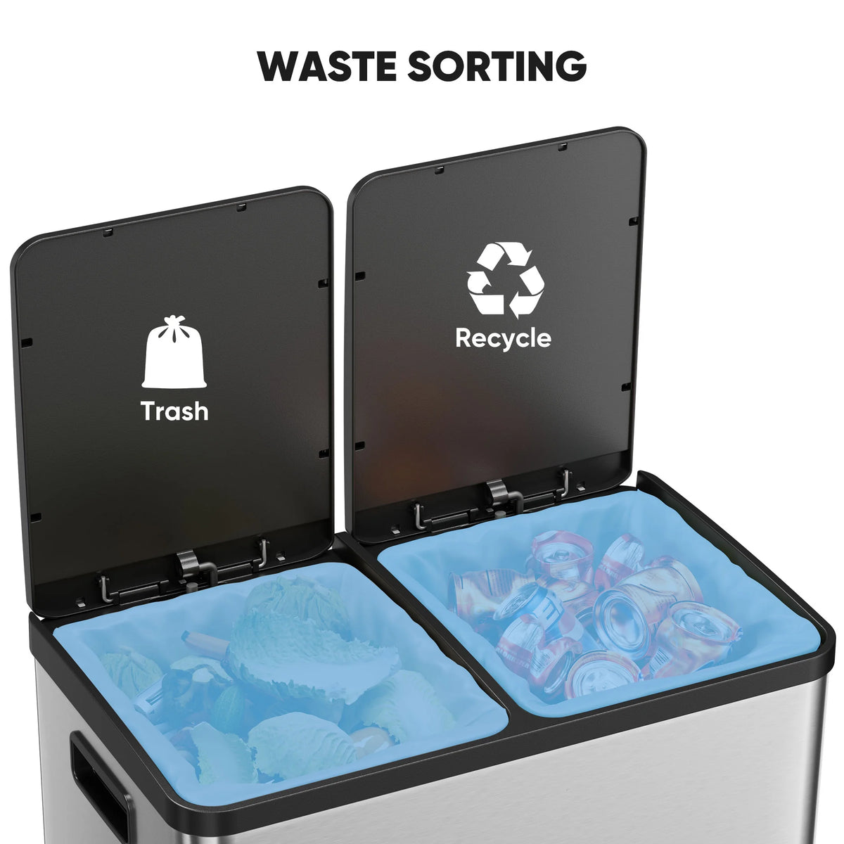 EDX 2 x 8.3 Gallon Dual Garbage Recycle Trash Can with Lid, Inner Buckets for Kitchen, Stainless Steel, Sliver