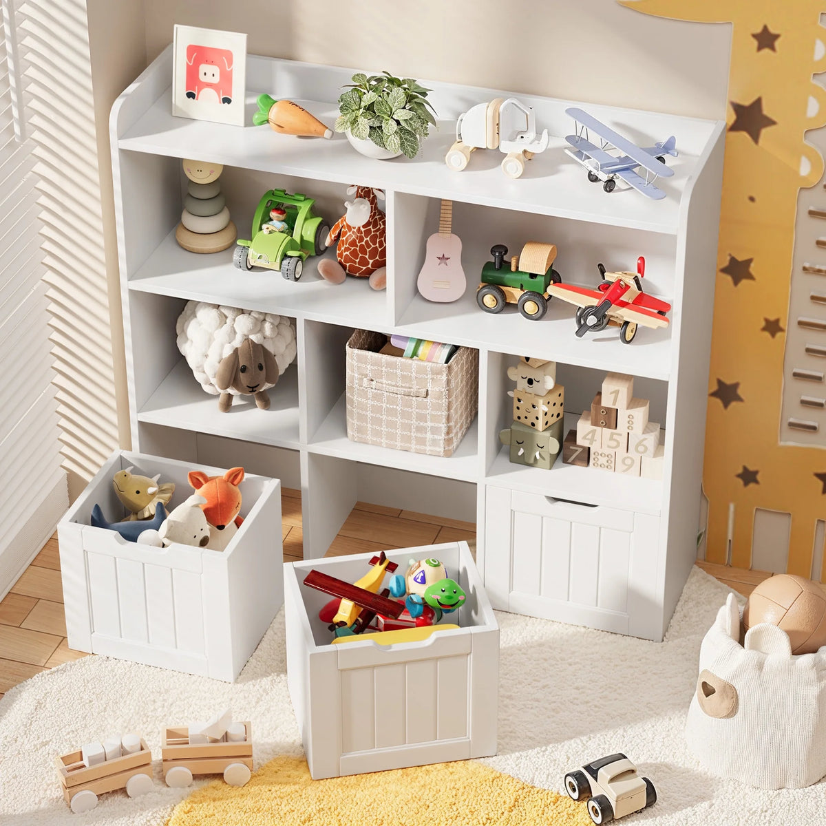 Toy Storage Organizer, Lofka Kids Bookcase with 3 Drawers & 6 Shelves for Nursery, Kids' Bedroom, White