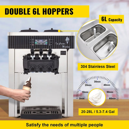 SIHAO 1200W Commercial Ice Cream Machine Countertop 18L/H Soft Serve Ice Cream Maker with LED Display